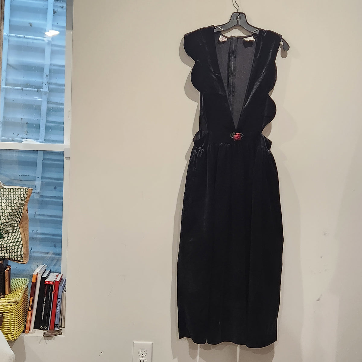 Vintage Harold Square Sculptural Black Velvet Jumper Dress with Rose Detail