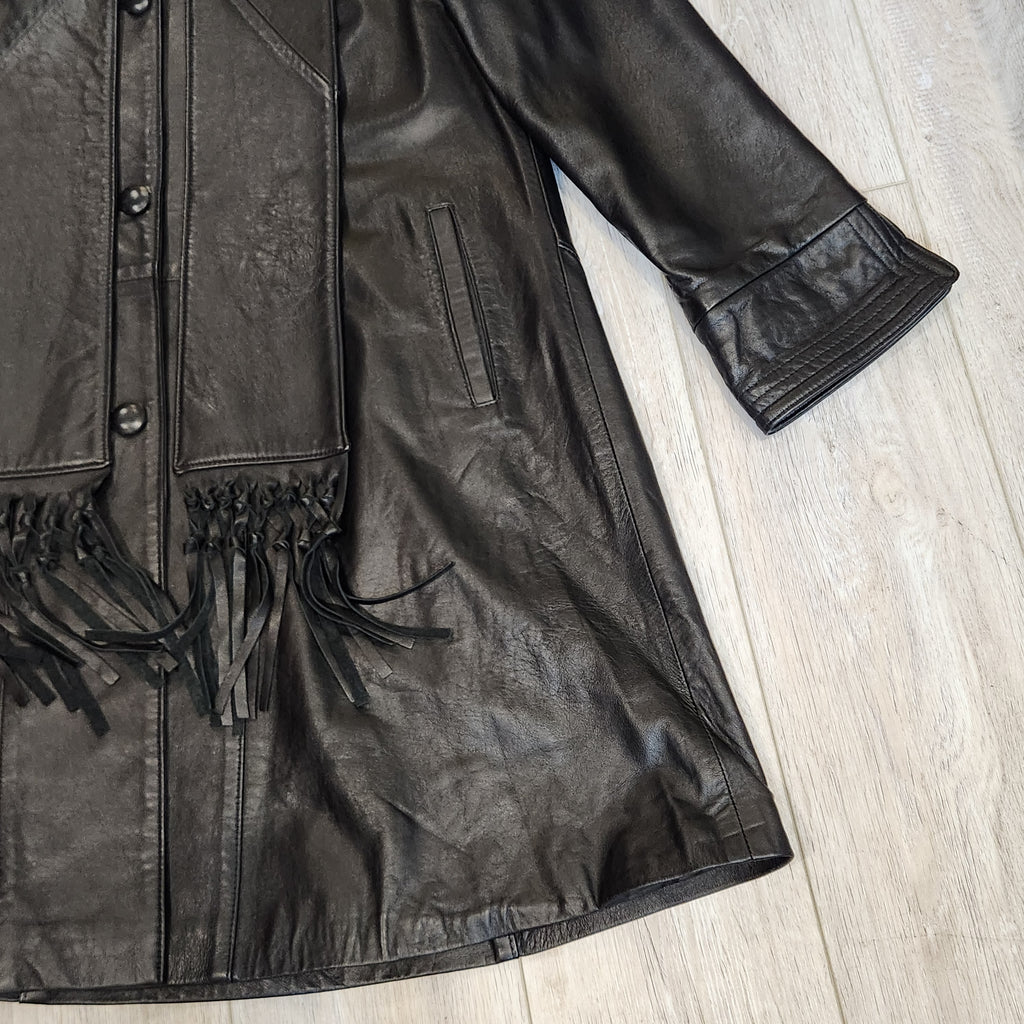 Jeannette Andrall Vintage Black Leather A-Line Coat with Attached Fringed Scarf