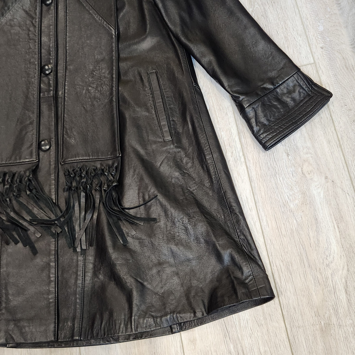 Jeannette Andrall Vintage Black Leather A-Line Coat with Attached Fringed Scarf