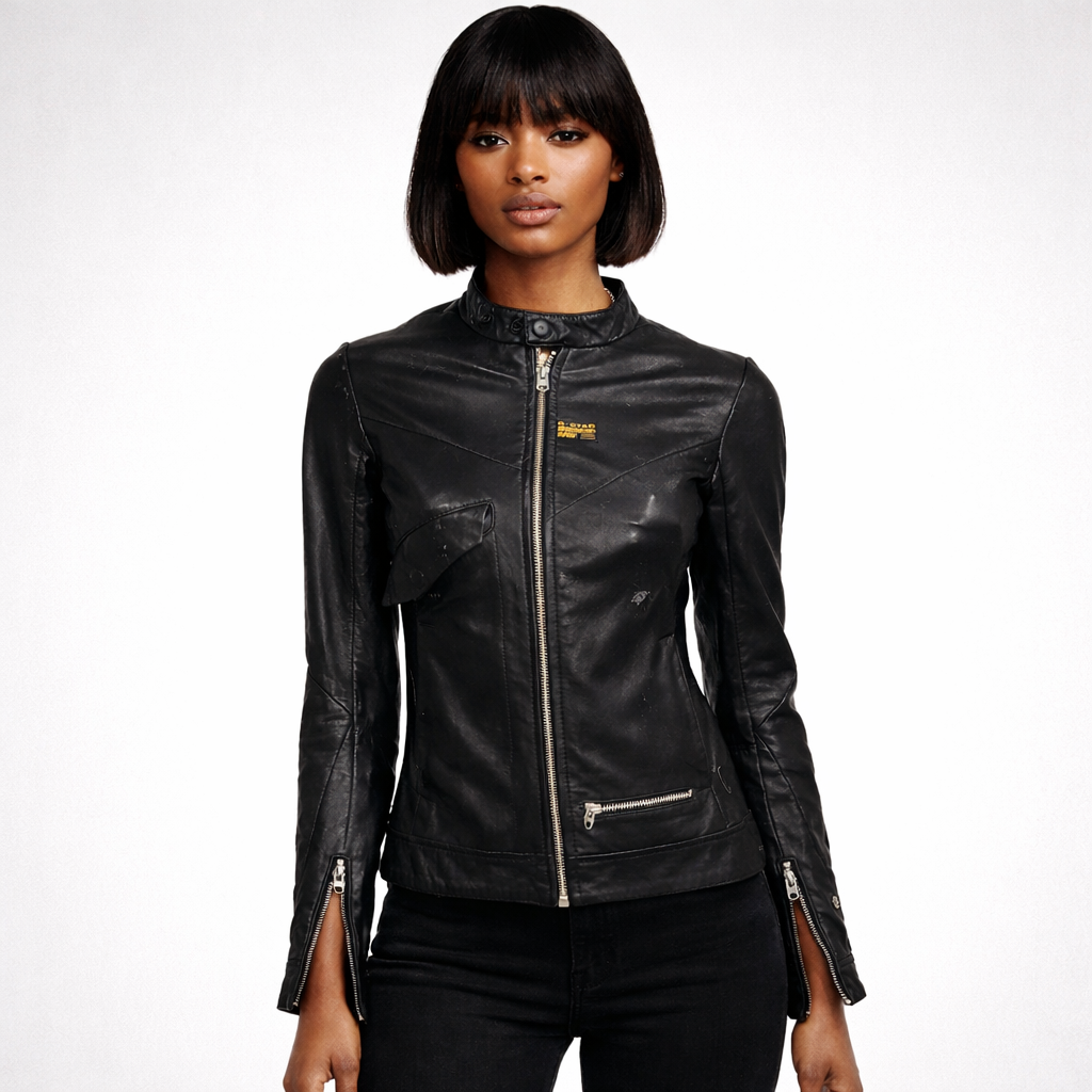 G-Star Raw Black Leather Moto Jacket – Fitted Minimalist Zip Style | Size XS