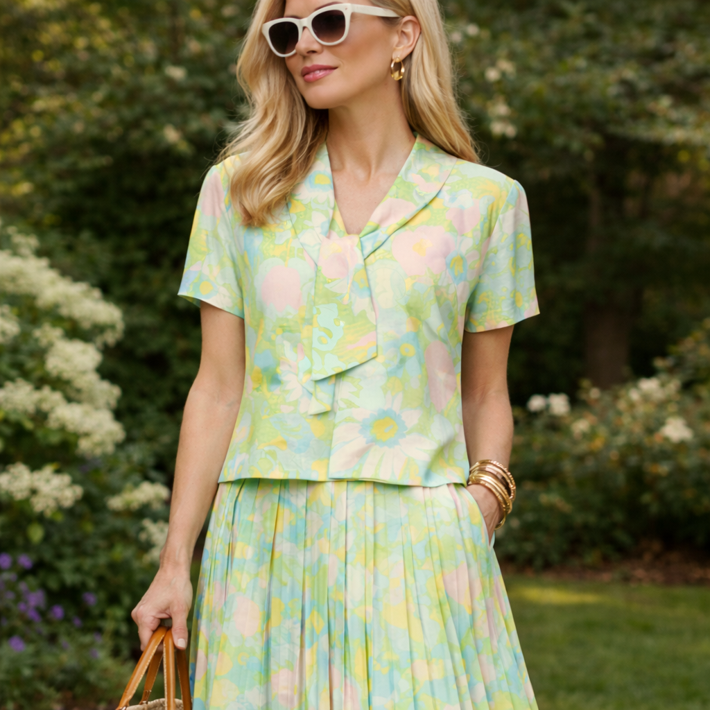 Vintage 1970s Pastel Floral Pleated Skirt Set — Aurelia Classics Size M