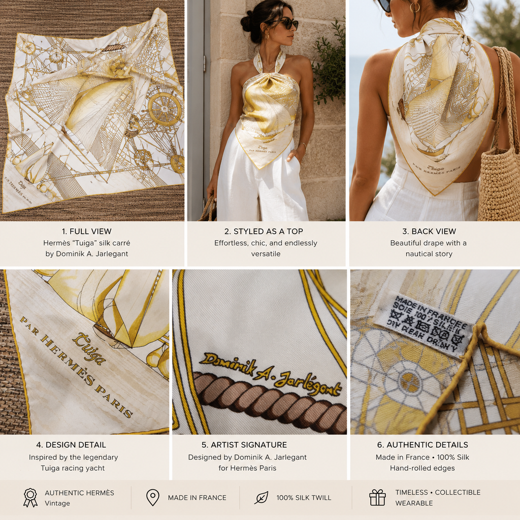 Hermès “Tuiga” Silk Scarf – Gold & Ivory Nautical Print Vintage Hermès “Tuiga” Silk Scarf by Dominik A. Jarlegant