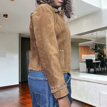 Load image into Gallery viewer, 90s Vintage Suede Leather CowGirl Jacket Studded and Fringe Leather Jackets Saguaro West Suede Jacket Lucille Golden Vintage Size Small Shop Brooklyn Vintage Online Vintage Pop Up NYC Vintage Clothing Shop
