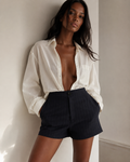 Navy Pinstripe Tailored Wool Shorts | Minimal 90s Luxury High Waist Shorts