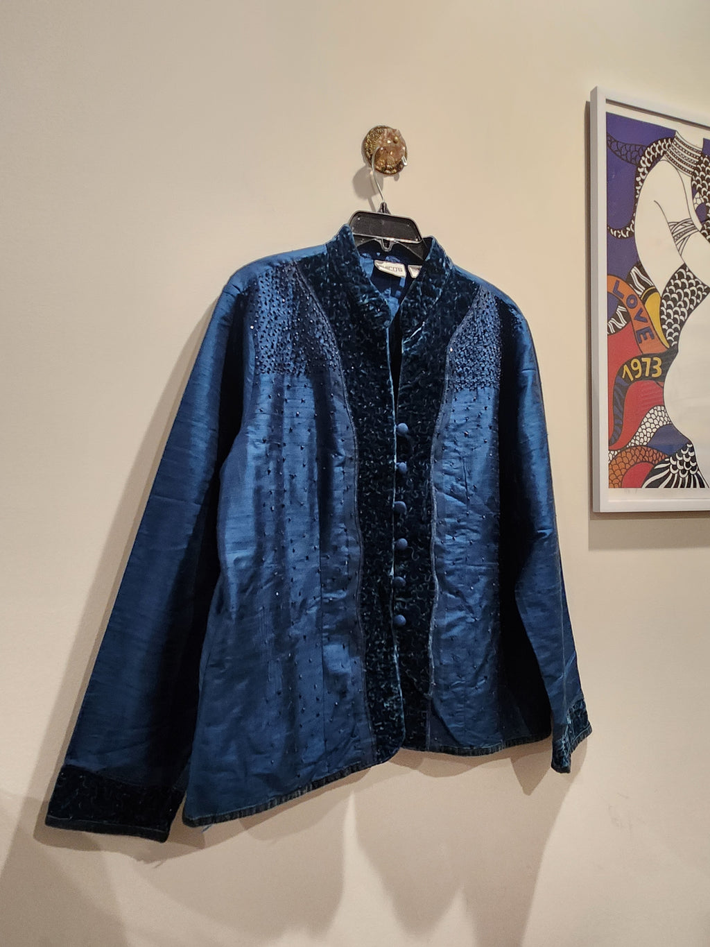 Chico's Blue 100% Silk Beaded Velvet-Trim Jacket Size 2