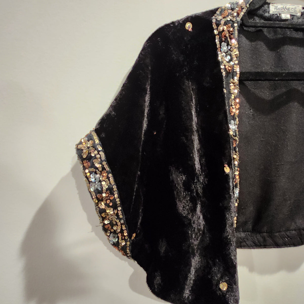Flashback Black Velvet Sequin-Trim Cropped Evening Jacket XL
