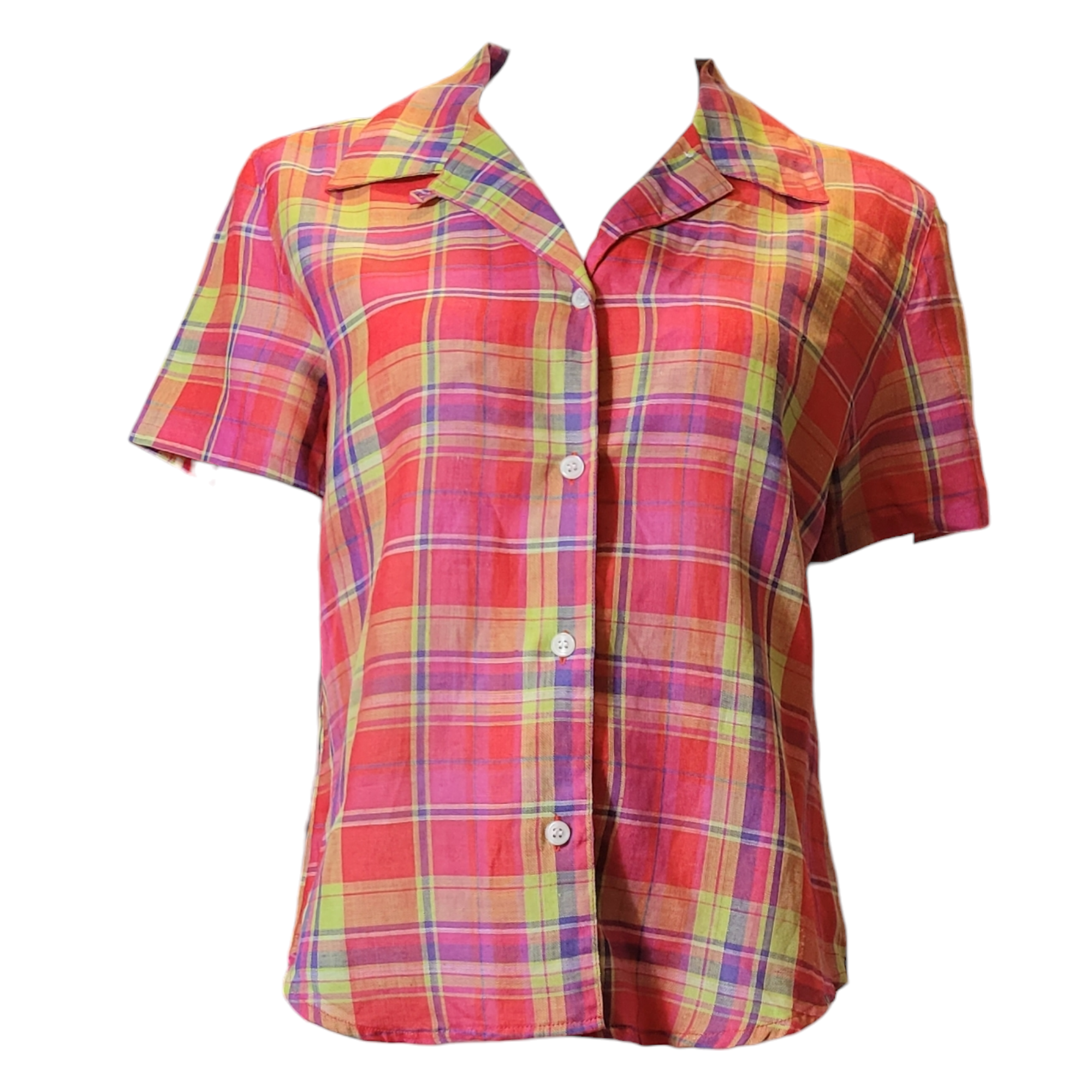 90s Vintage Madras Silk & Linen Plaid Camp Shirt Size S