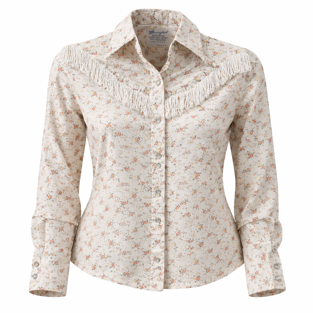 Vintage Wrangler Western Shirt 70s Floral Fringe Snap Boho Cowgirl Prairie Blouse Made USA – Women’s S
