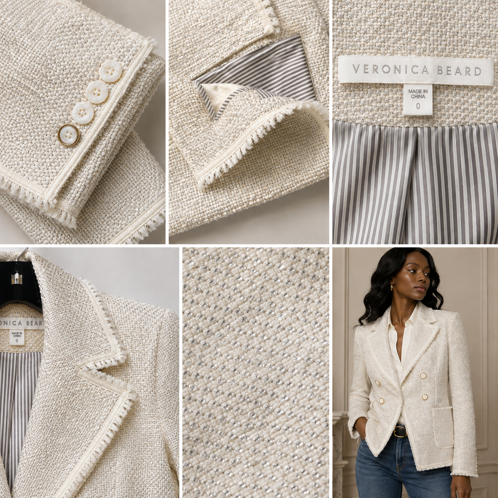 Veronica Beard Silver/Bone Tweed Double-Breasted Blazer — Size 0