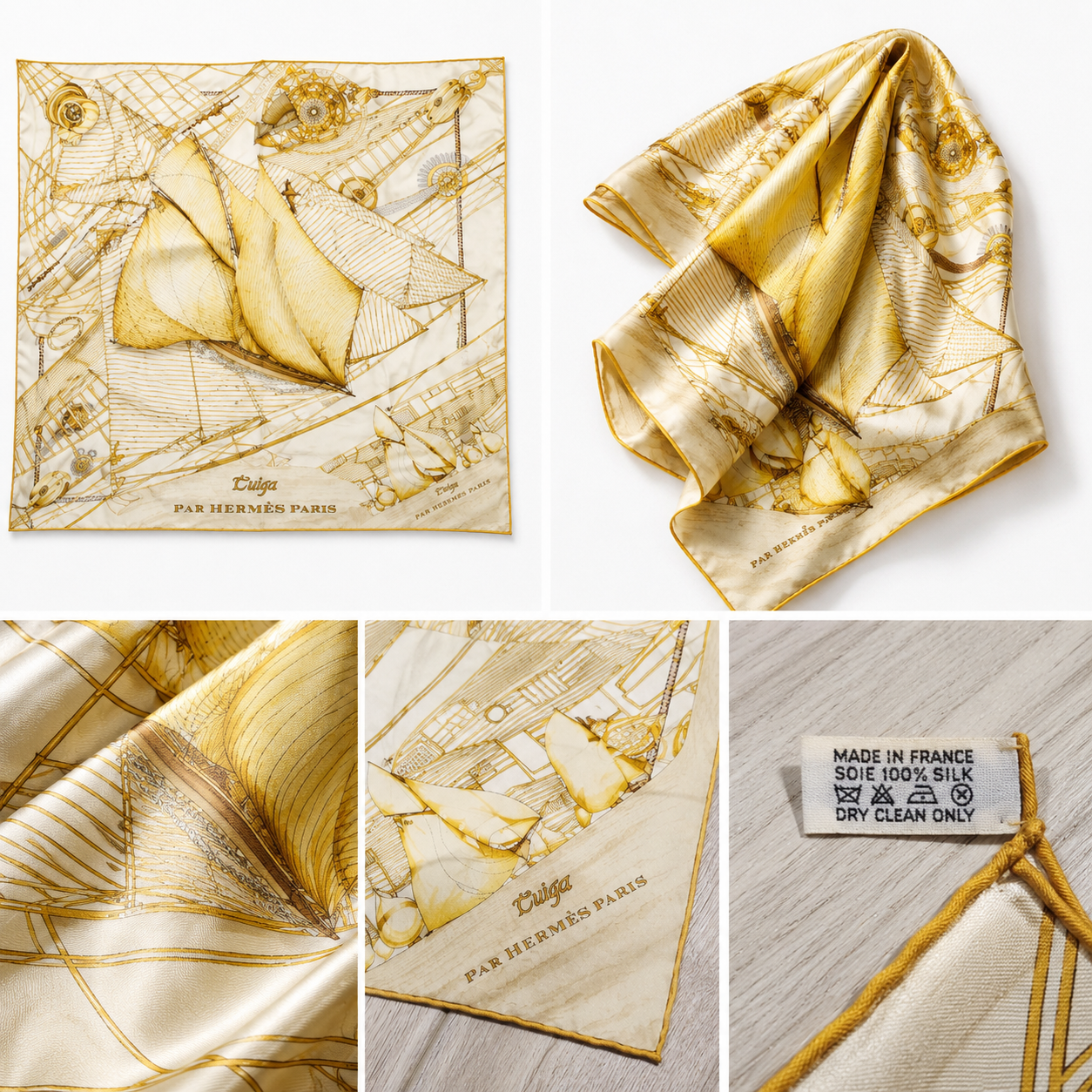 Hermès “Tuiga” Silk Scarf – Gold & Ivory Nautical Print Vintage Hermès “Tuiga” Silk Scarf by Dominik A. Jarlegant