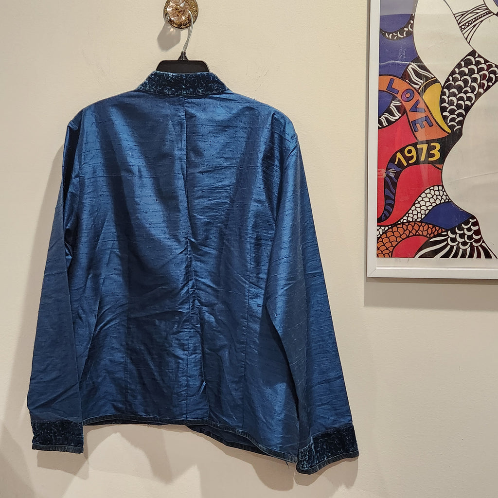 Chico's Blue 100% Silk Beaded Velvet-Trim Jacket Size 2