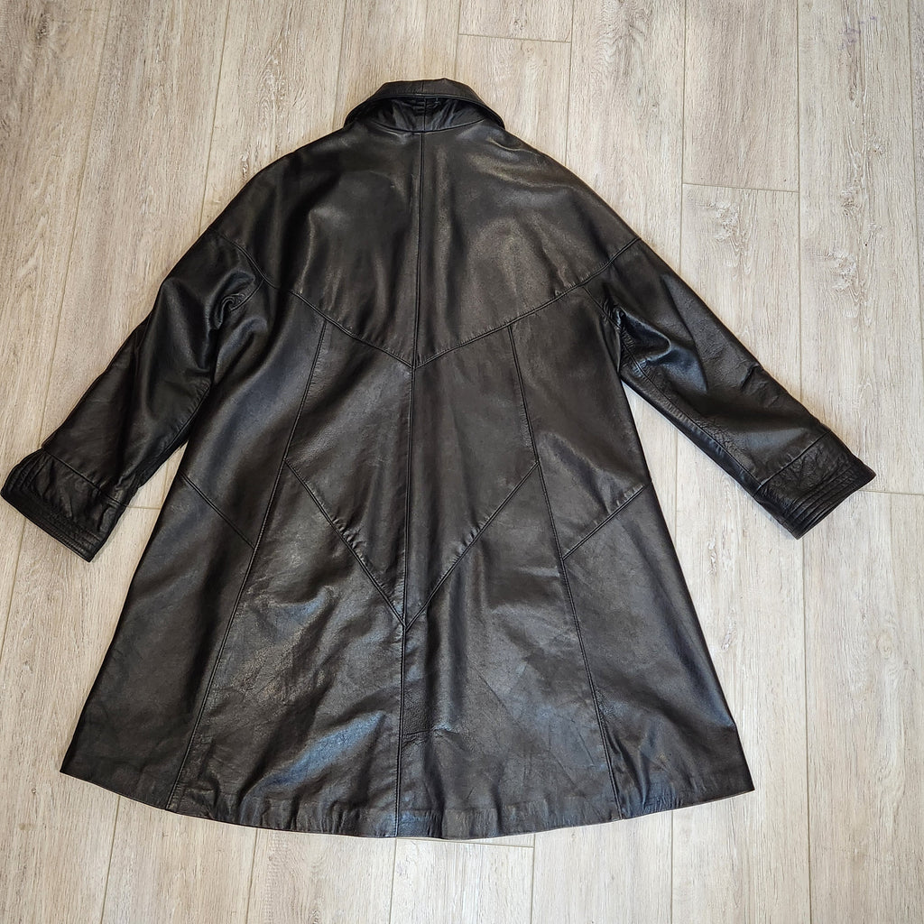 Jeannette Andrall Vintage Black Leather A-Line Coat with Attached Fringed Scarf