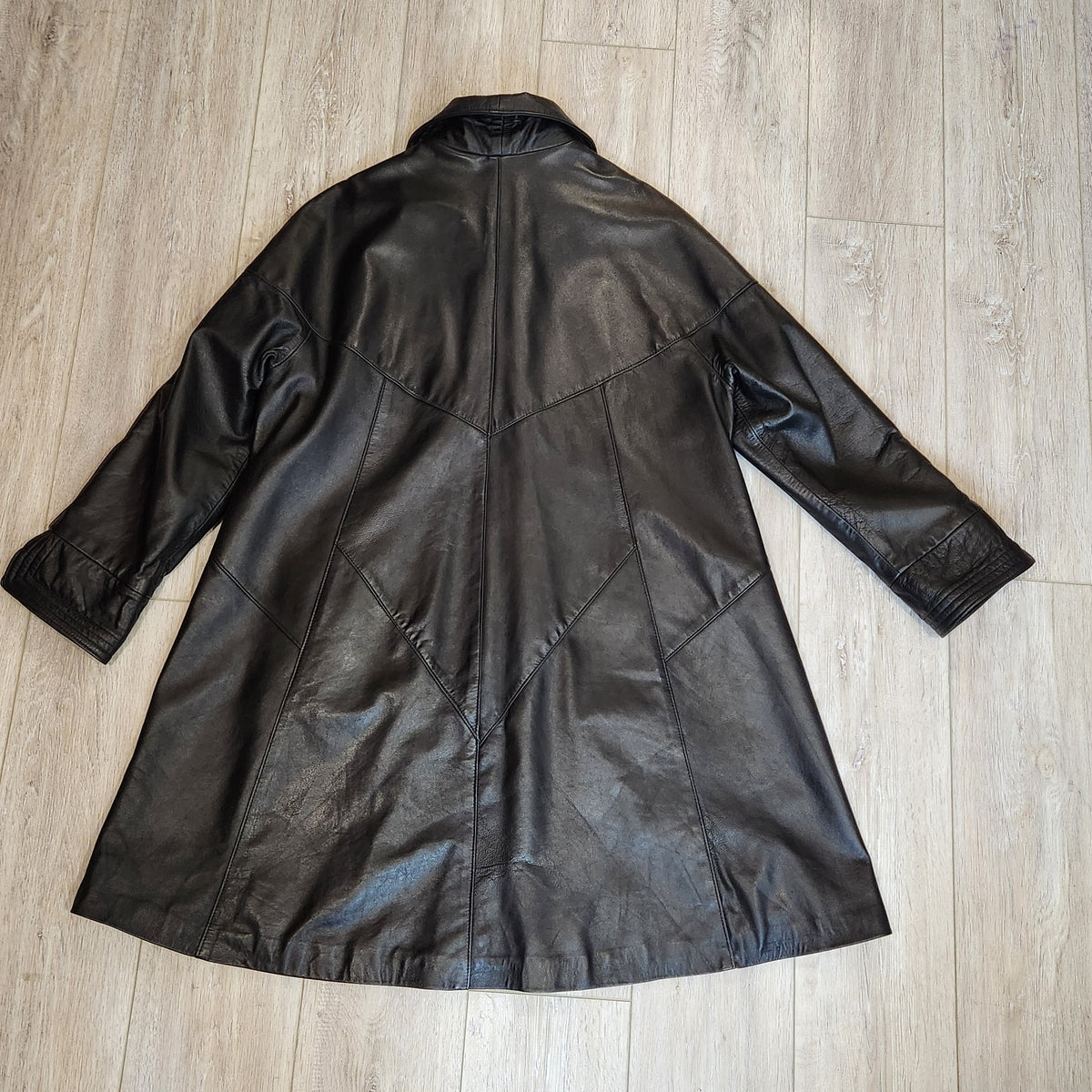 Jeannette Andrall Vintage Black Leather A-Line Coat with Attached Fringed Scarf
