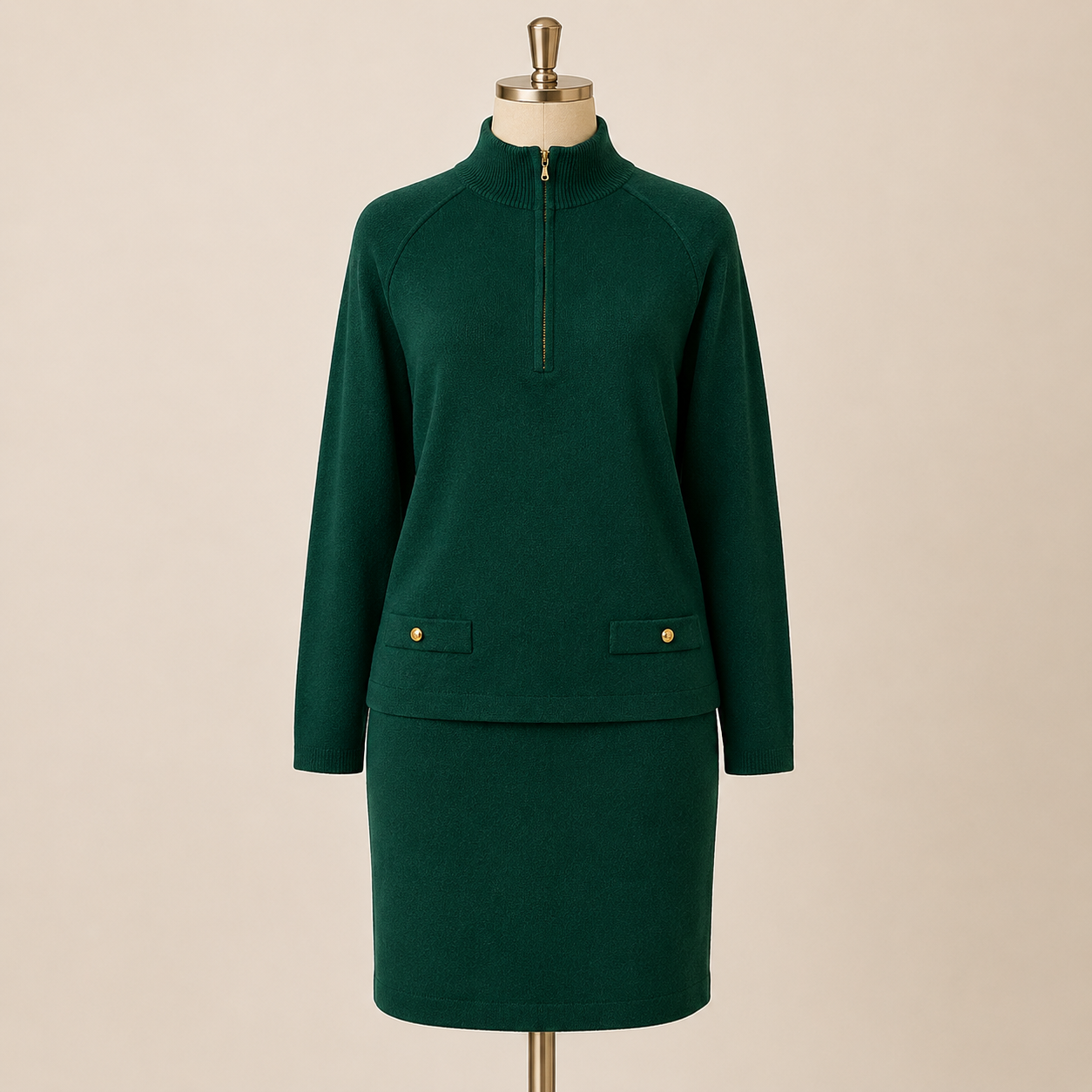 Late 1970s–Early 1980s Vintage Green Wool Two-Piece Set size 44