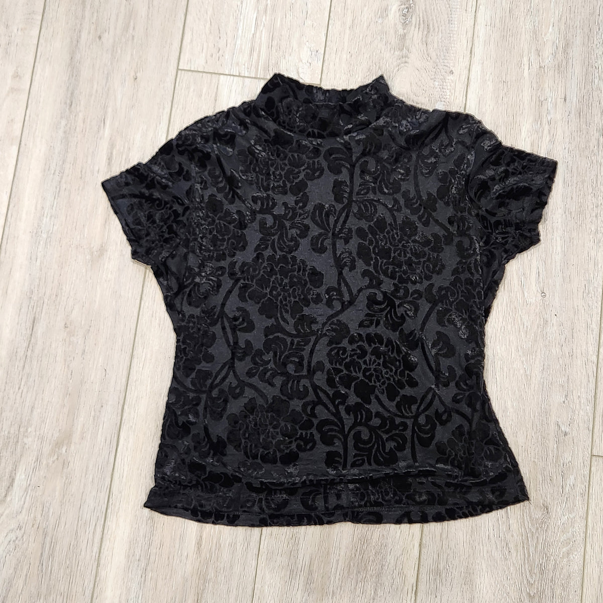 Vintage Casual Corner Black Floral Burnout Velvet Mock Neck Top