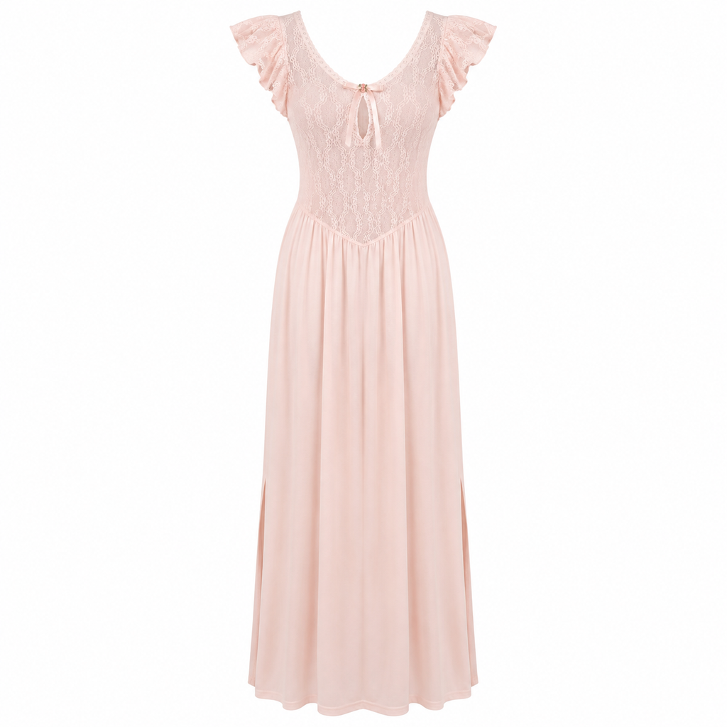 Vintage Ashley Ames Blush Lace Flutter Sleeve Nightgown | Side Slit Maxi Lounge Dress 1970s Vintage