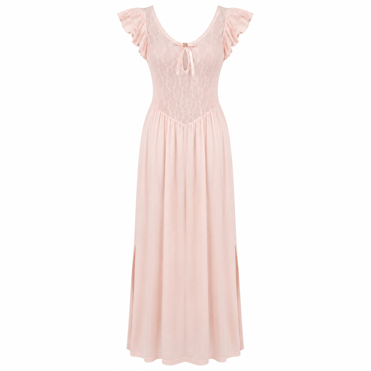 Vintage Ashley Ames Blush Lace Flutter Sleeve Nightgown | Side Slit Maxi Lounge Dress 1970s Vintage