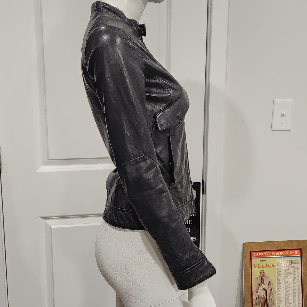G-Star Raw Black Leather Moto Jacket – Fitted Minimalist Zip Style | Size XS