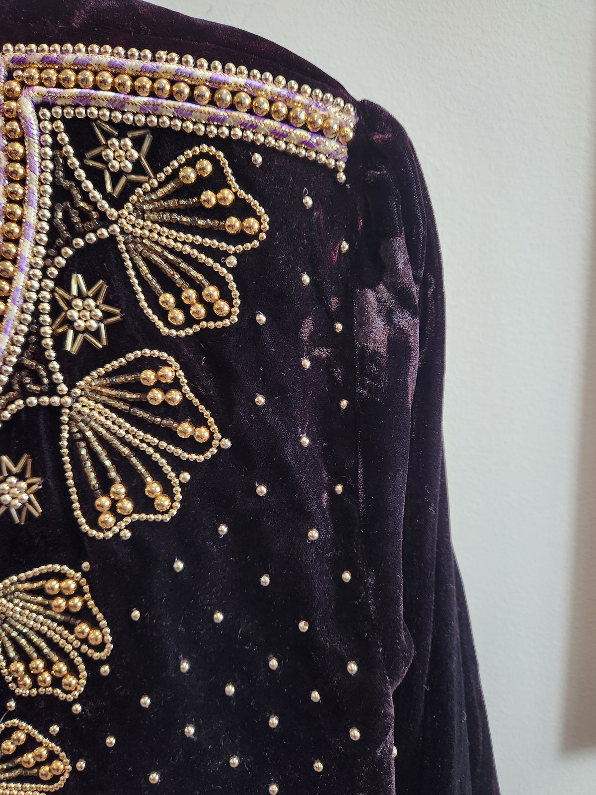 Vintage Black Cherry Velvet Beaded Evening Jacket | Gold Embroidery