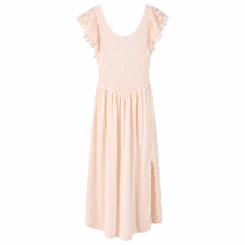 Vintage Ashley Ames Blush Lace Flutter Sleeve Nightgown | Side Slit Maxi Lounge Dress 1970s Vintage