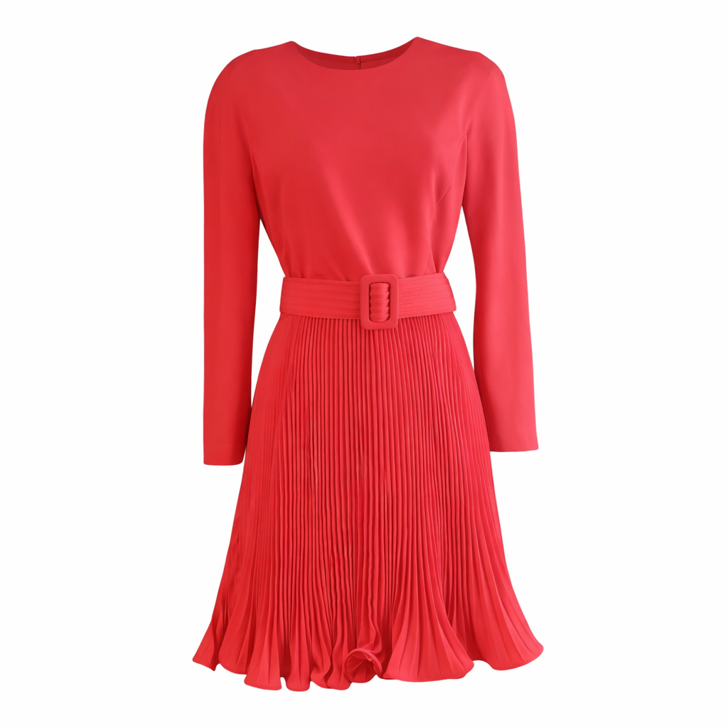 Vintage Scaasi for Bergdorf Goodman Red Pleated Belted Dress | 1980s Designer Fit & Flare Size S