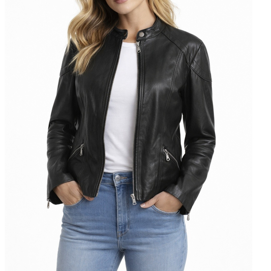Genuine New Zealand Lambskin Leather Moto Jacket – Black M
