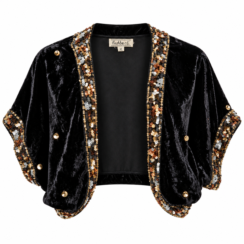 Flashback Black Velvet Sequin-Trim Cropped Evening Jacket XL