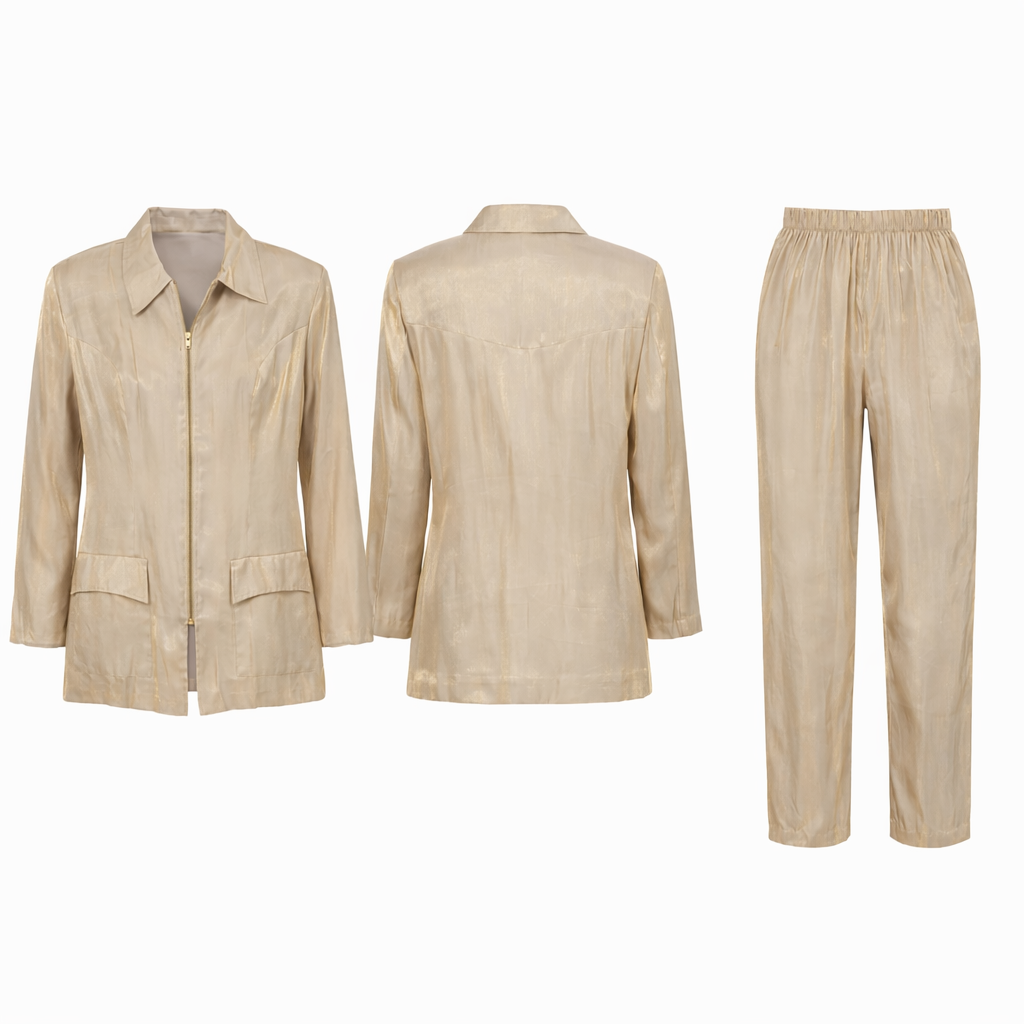 Vintage Champagne Gold Silk Lounge Set – 90s Minimalist Jacket & Trousers – Made in USA