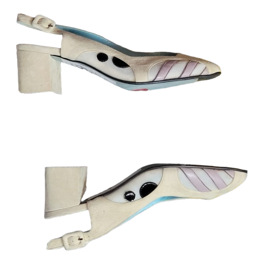 Thierry Rabotin Slingback Block Peeptoe Mesh Leather Pumps Size 37