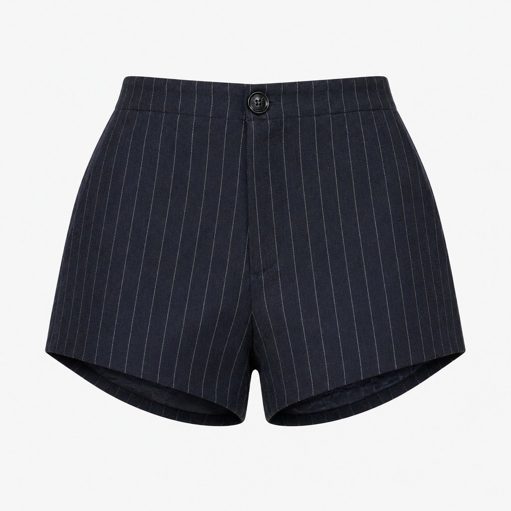 Navy Pinstripe Tailored Wool Shorts | Minimal 90s Luxury High Waist Shorts