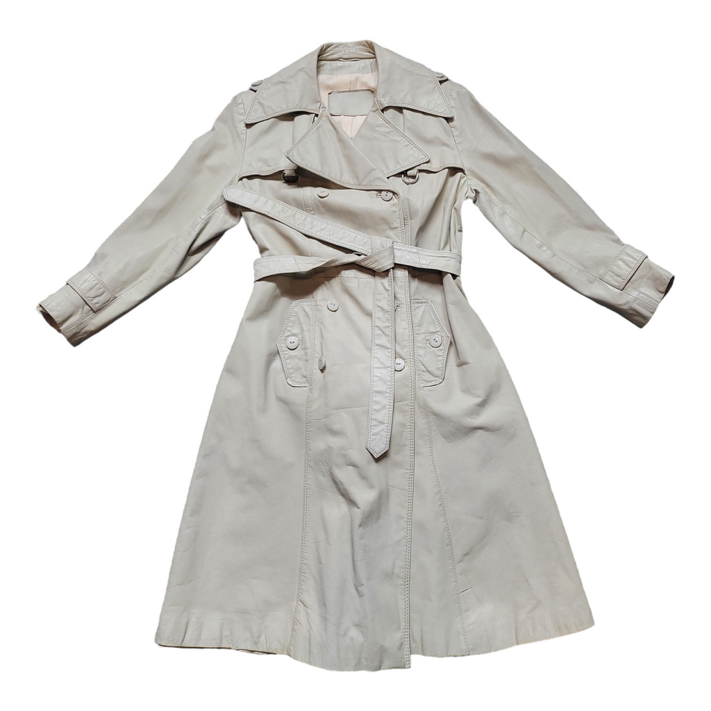70s Vintage Leather Trenchcoats Bone Belted Leather Trench Coat Size M Lucille Golden Vintage