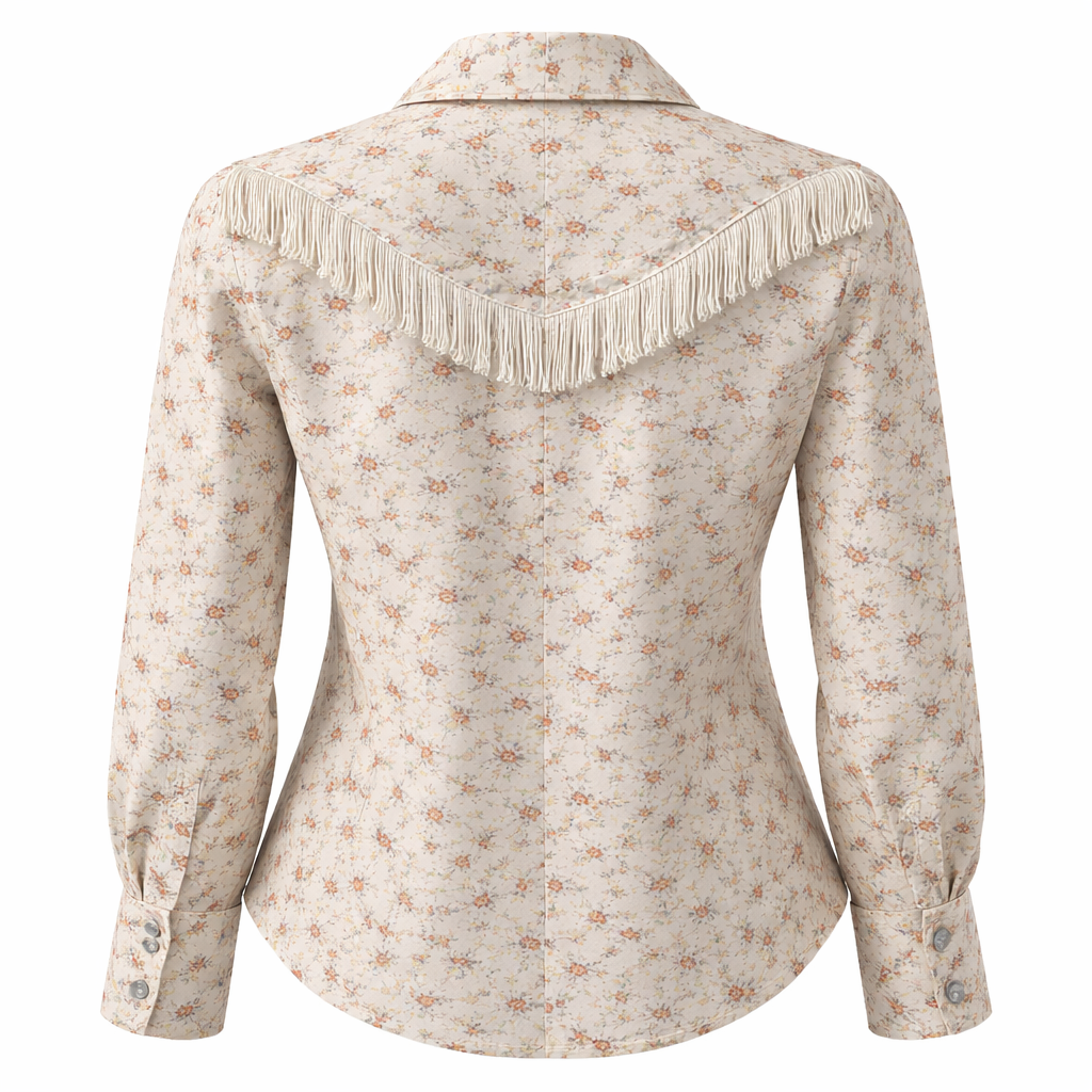 Vintage Wrangler Western Shirt 70s Floral Fringe Snap Boho Cowgirl Prairie Blouse Made USA – Women’s S