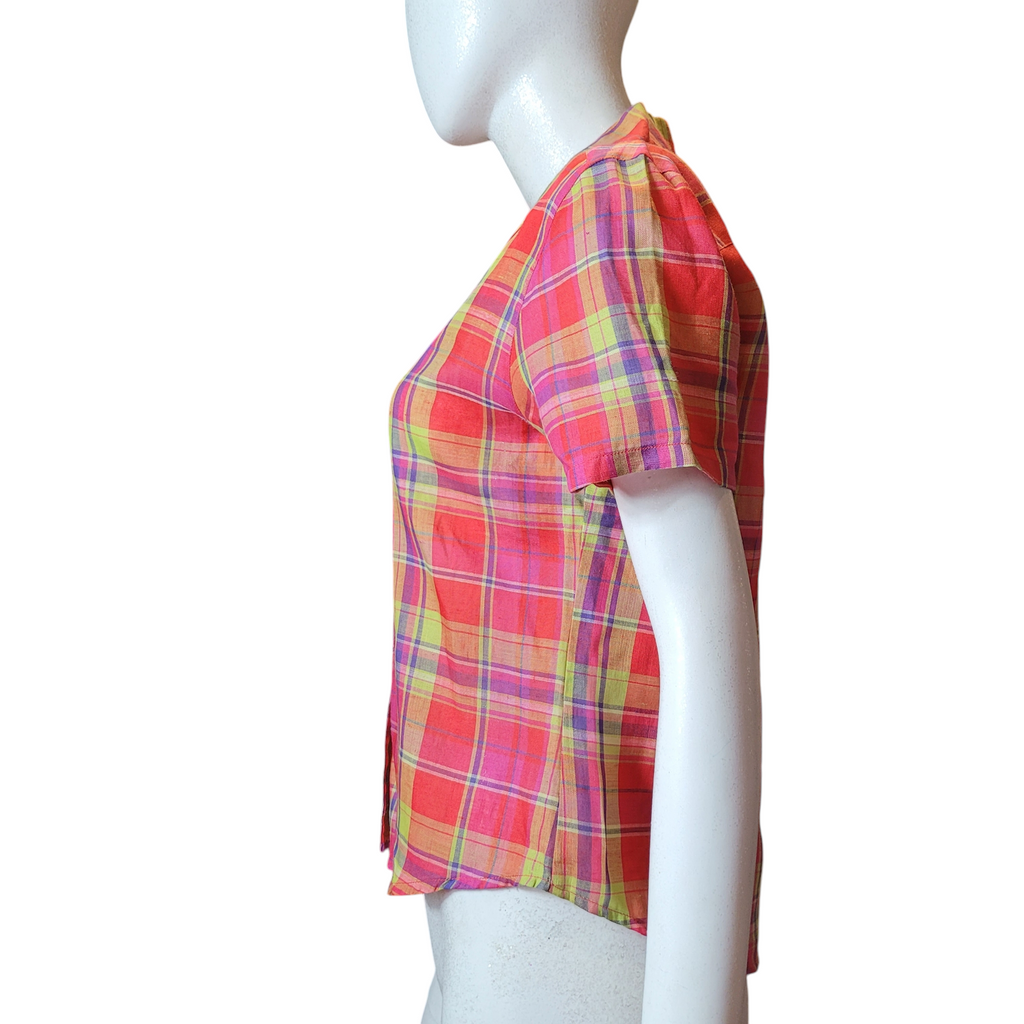 90s Vintage Madras Silk & Linen Plaid Camp Shirt Size S