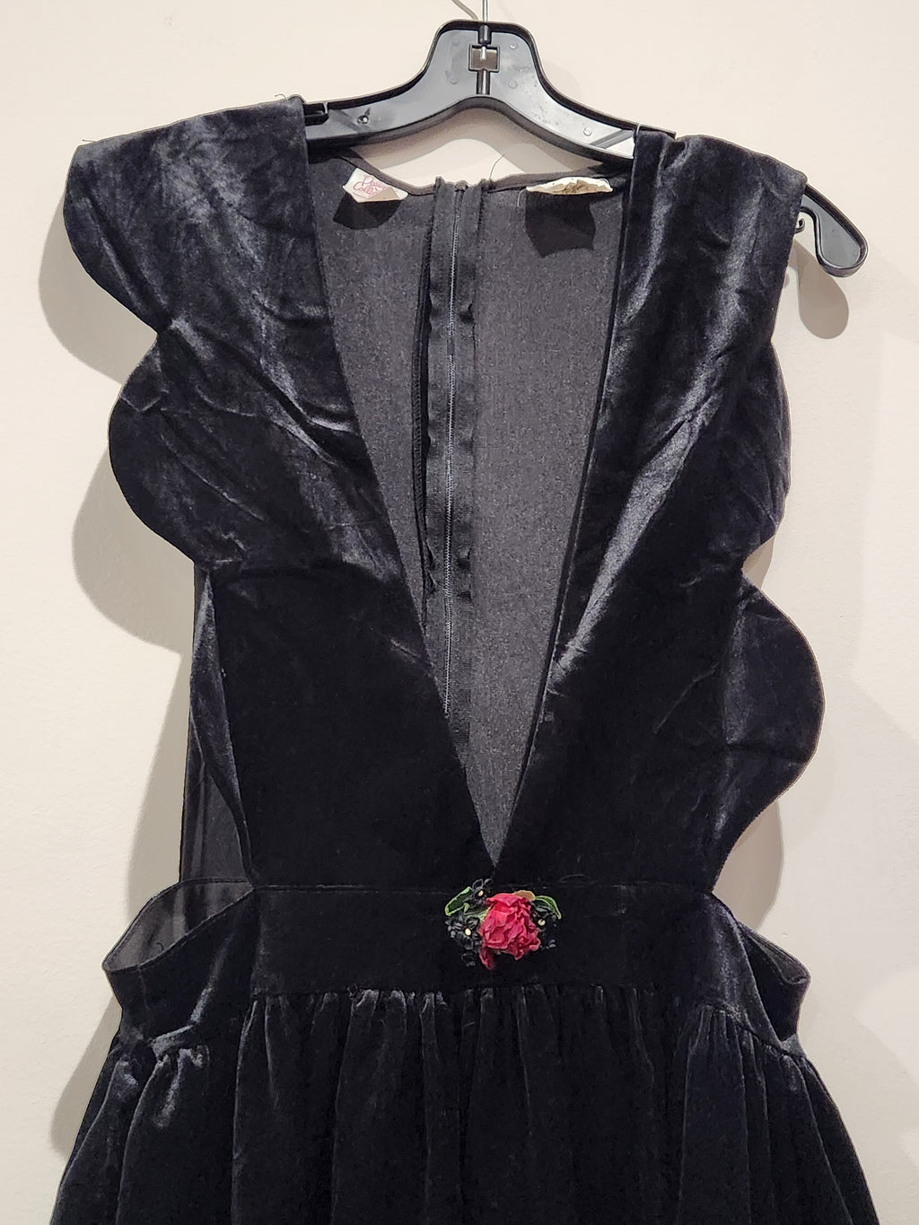 Vintage Harold Square Sculptural Black Velvet Jumper Dress with Rose Detail