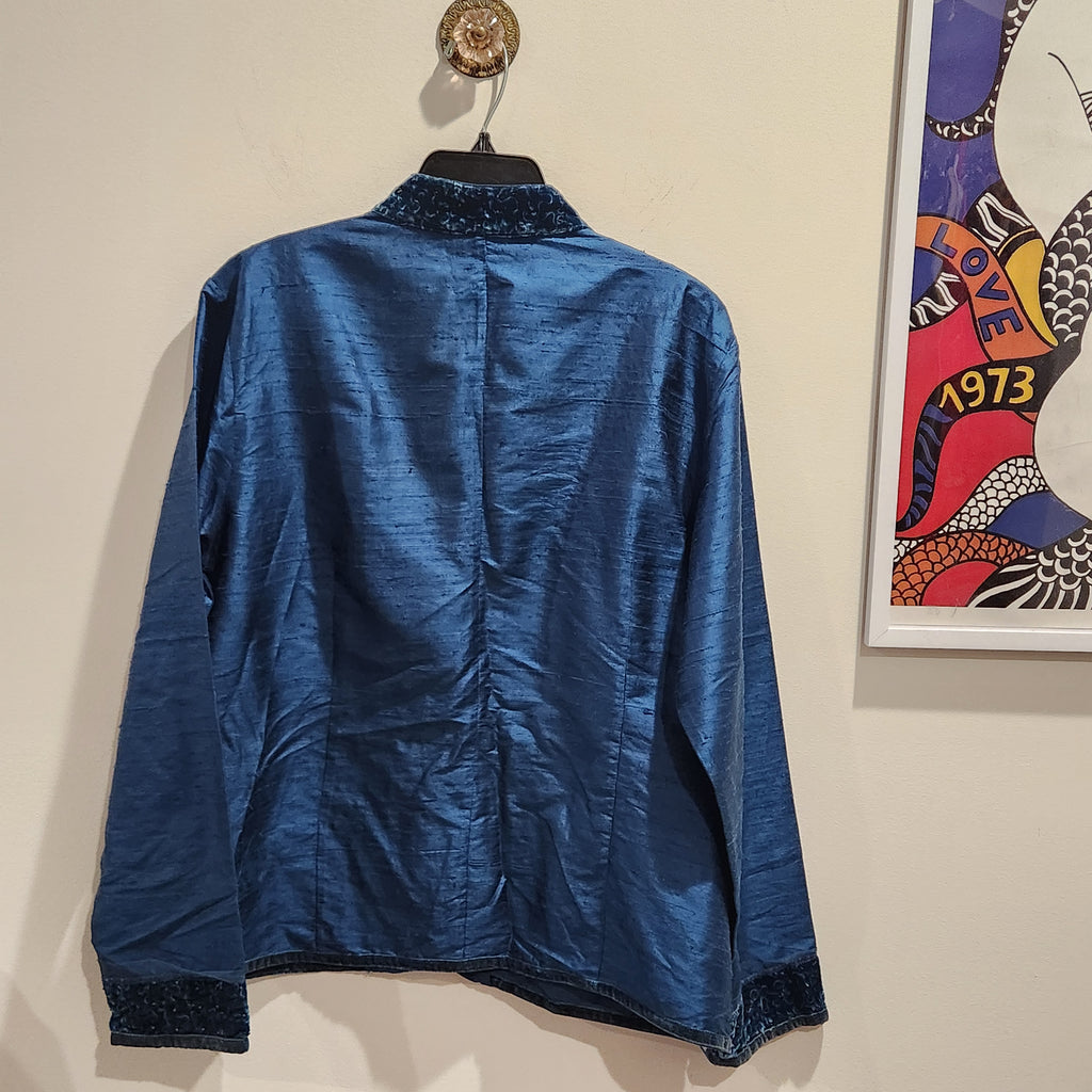 Chico's Blue 100% Silk Beaded Velvet-Trim Jacket Size 2