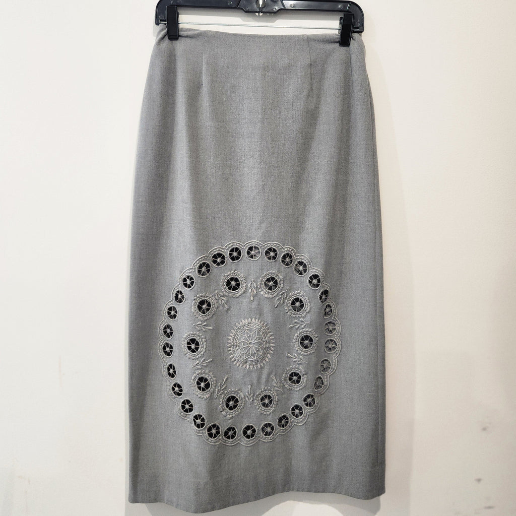 Rare Sea Broderie-anglaise Grey Wool Twill Skirt Size M