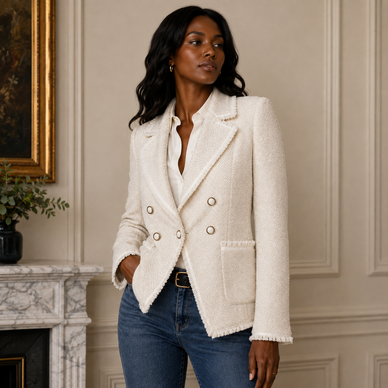 Veronica Beard Silver/Bone Tweed Double-Breasted Blazer — Size 0