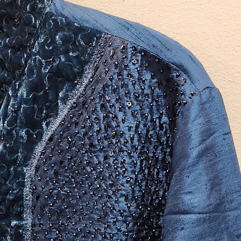 Chico's Blue 100% Silk Beaded Velvet-Trim Jacket Size 2