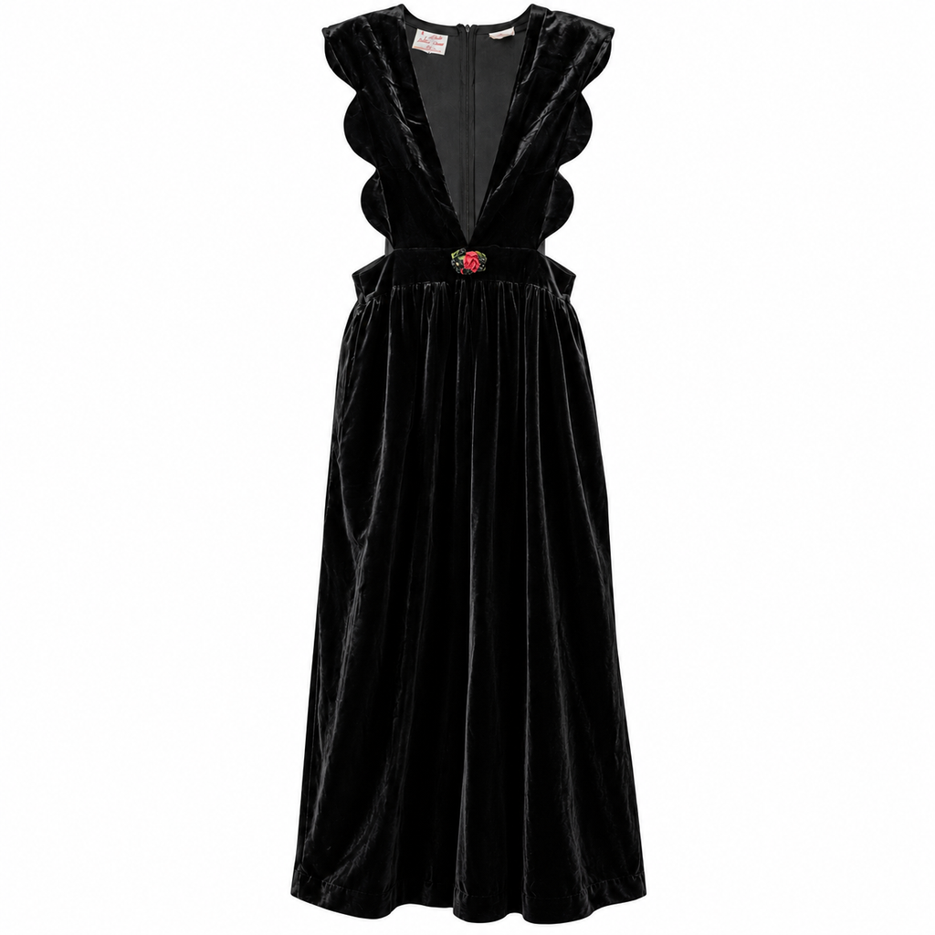 Vintage Harold Square Sculptural Black Velvet Jumper Dress with Rose Detail