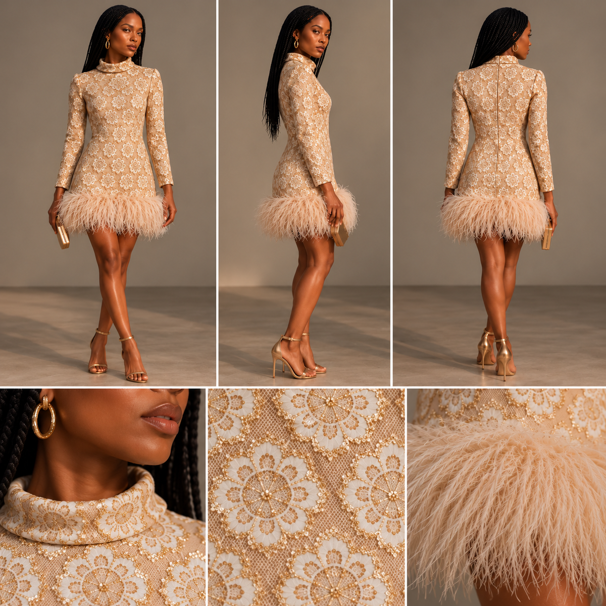 Vintage Ivory & Gold Metallic Lace Feather-Hem Mini Dress