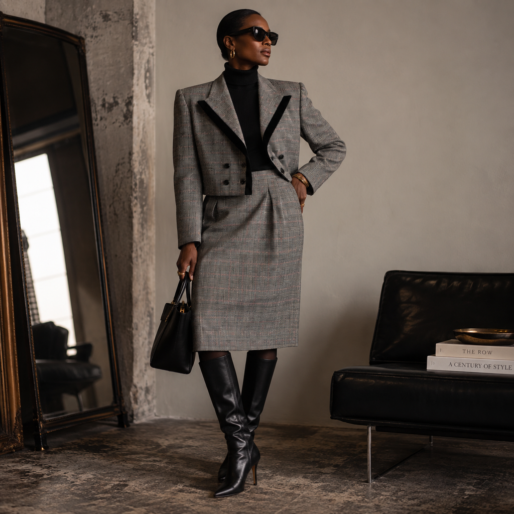 Vintage Mort Schrader Wool Glen Plaid & Velvet Skirt Suit — Size 4