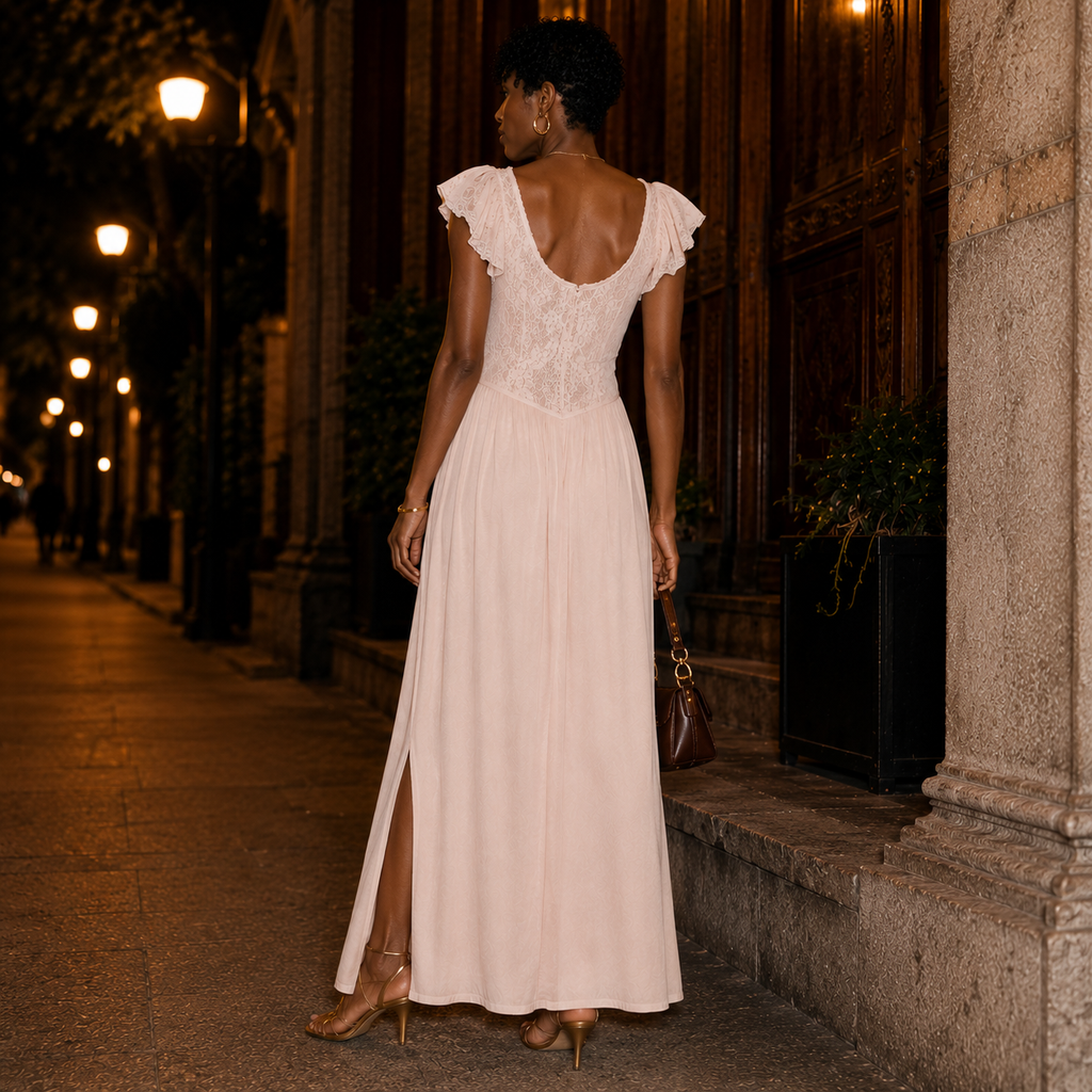 Vintage Ashley Ames Blush Lace Flutter Sleeve Nightgown | Side Slit Maxi Lounge Dress 1970s Vintage