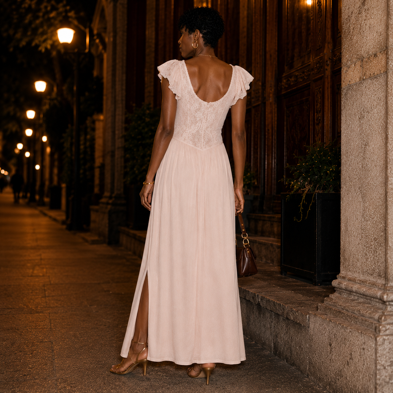Vintage Ashley Ames Blush Lace Flutter Sleeve Nightgown | Side Slit Maxi Lounge Dress 1970s Vintage