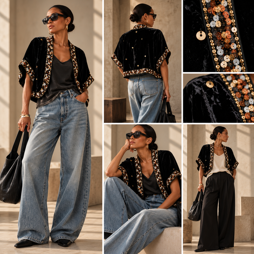 Flashback Black Velvet Sequin-Trim Cropped Evening Jacket XL