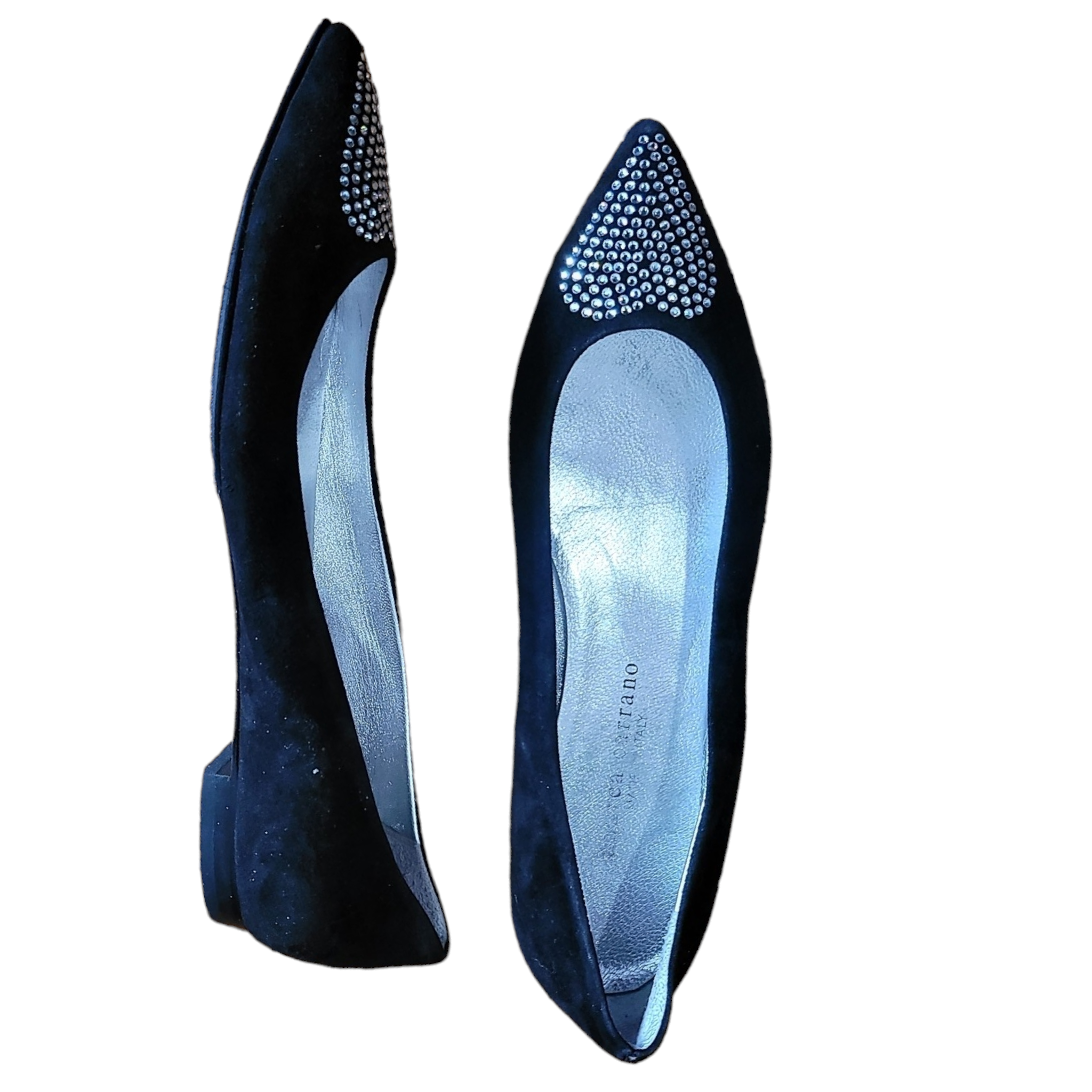 Andrea Carrano Crystal Adorned Black Suede Pointy Toe Ballerina Shop Lucille Golden Vintage 