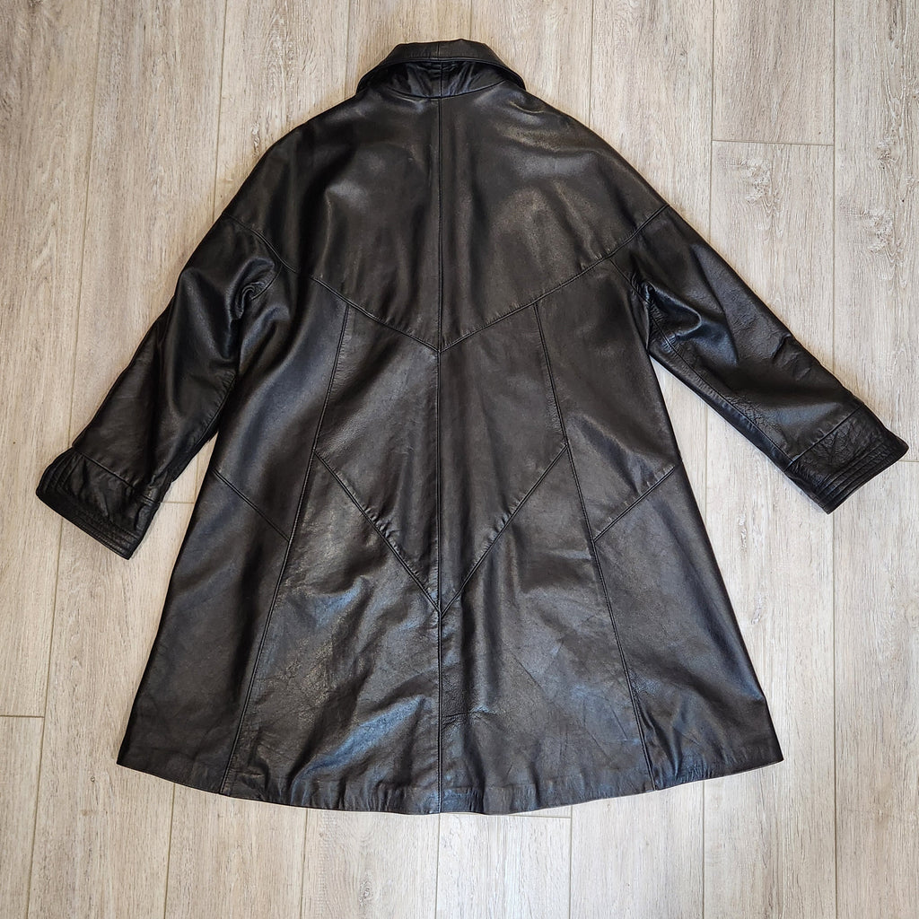 Jeannette Andrall Vintage Black Leather A-Line Coat with Attached Fringed Scarf