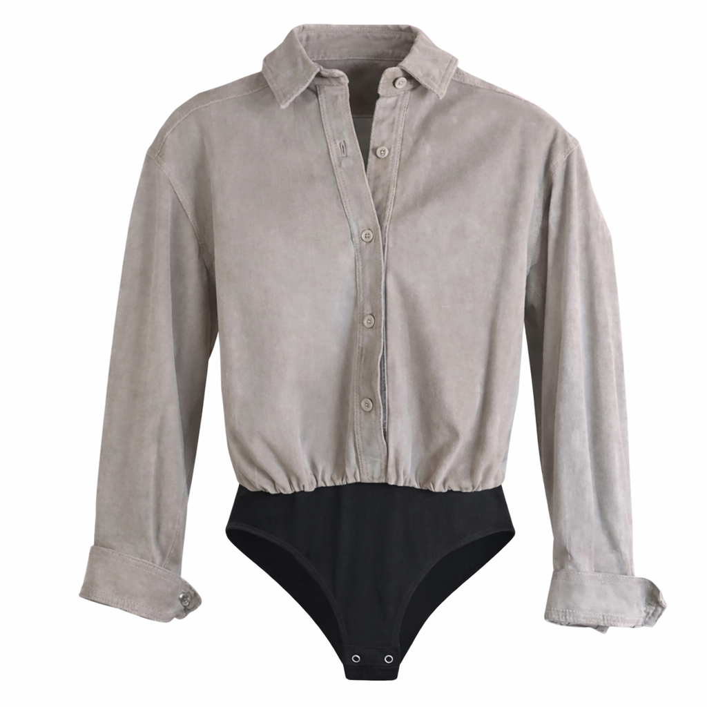 Vintage Lew Magram Black Suede Shirt Bodysuit – 90s Minimalist Button Down Size L