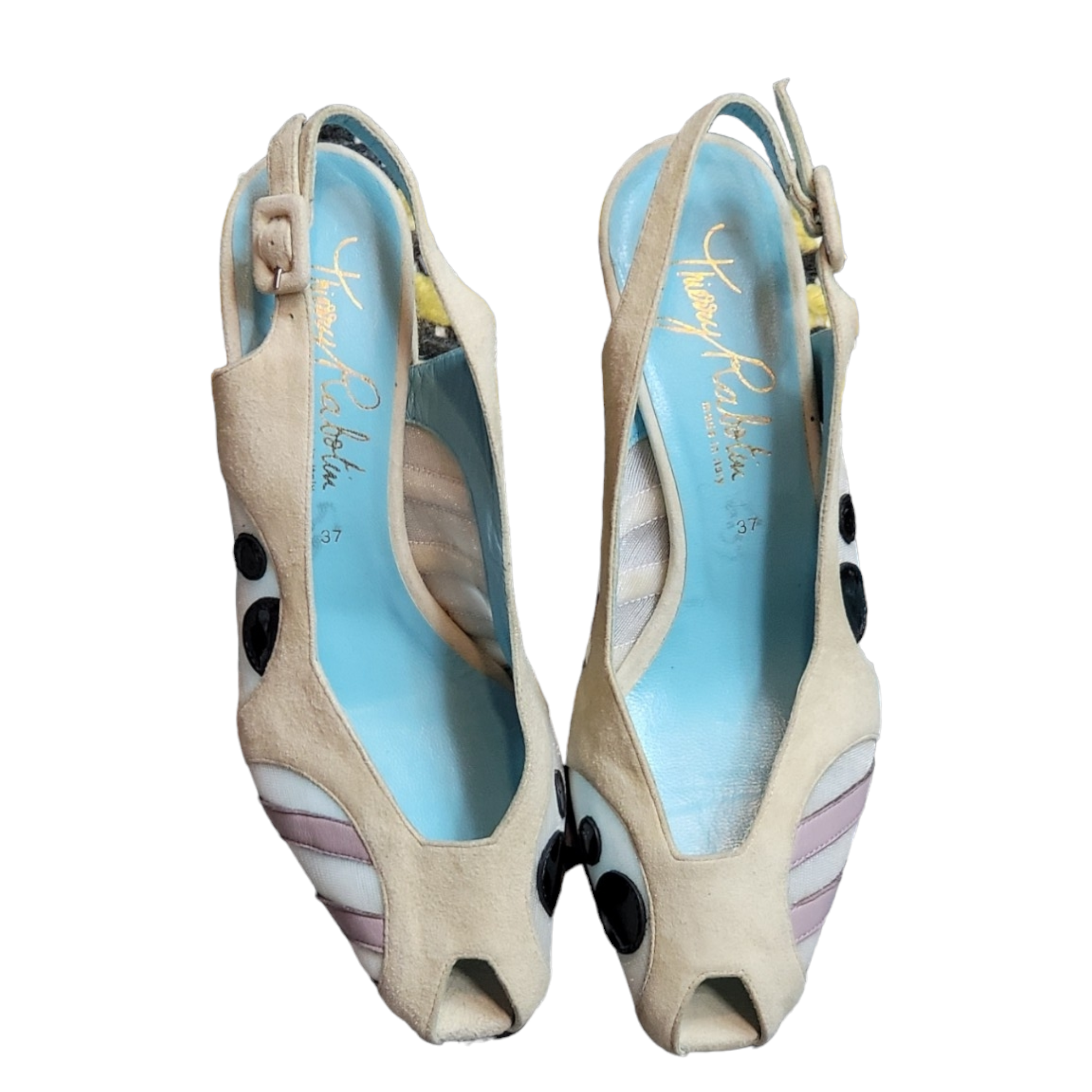 Thierry Rabotin Slingback Block Peeptoe Mesh Leather Pumps Size 37