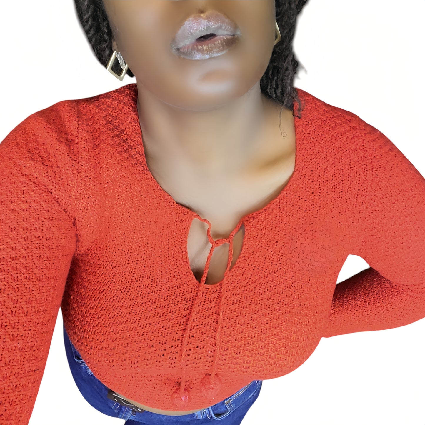 1960s Vintage Hand Made Crochet Red Knit Sweater, Keyhole Size M