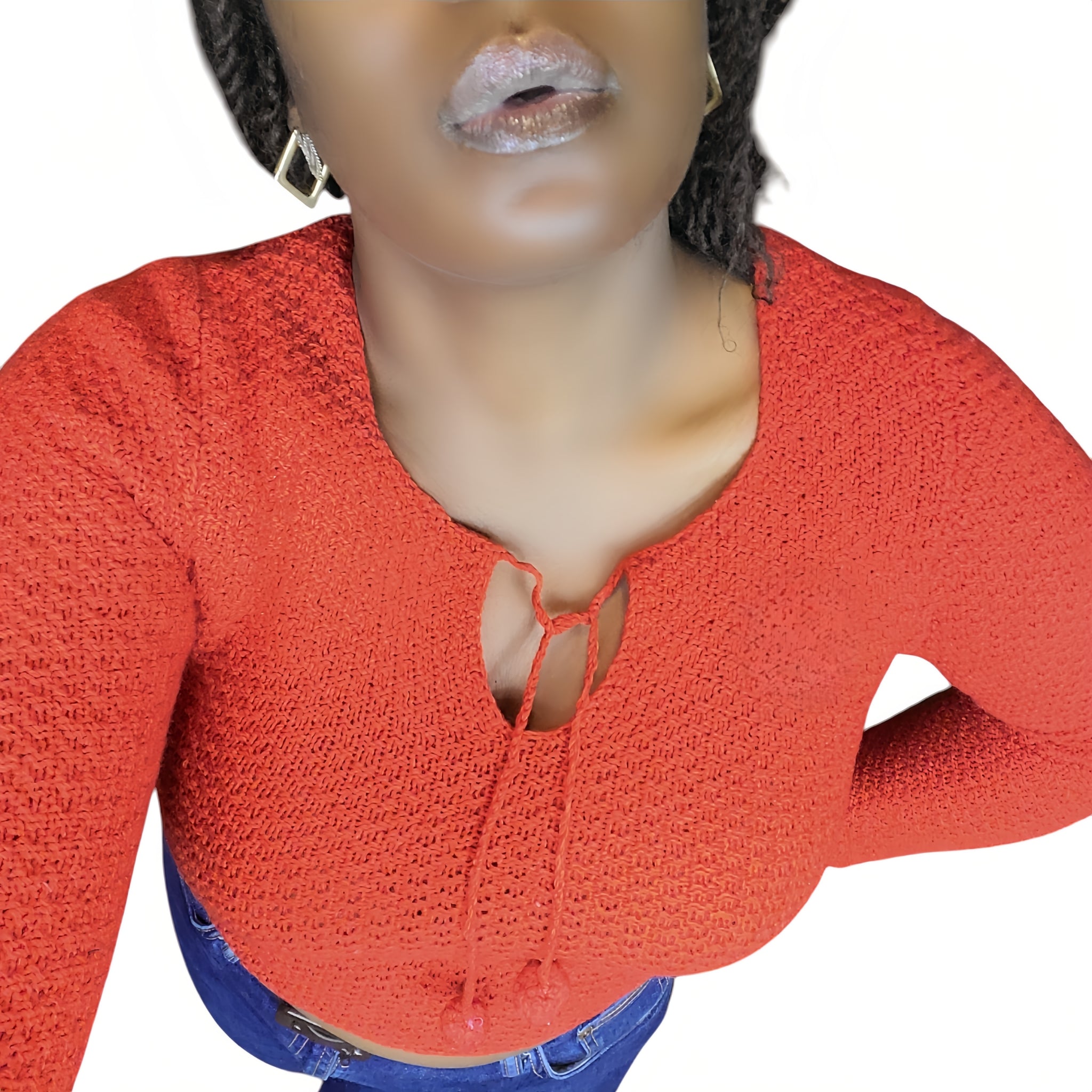 1960s Vintage Hand Made Crochet Red Knit Sweater, Keyhole Size M